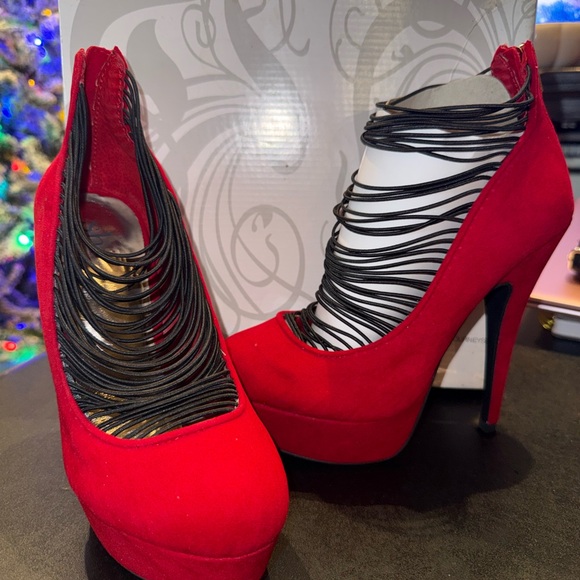 Shoes - Elegant Red Stiletto Heels with Black Accents
